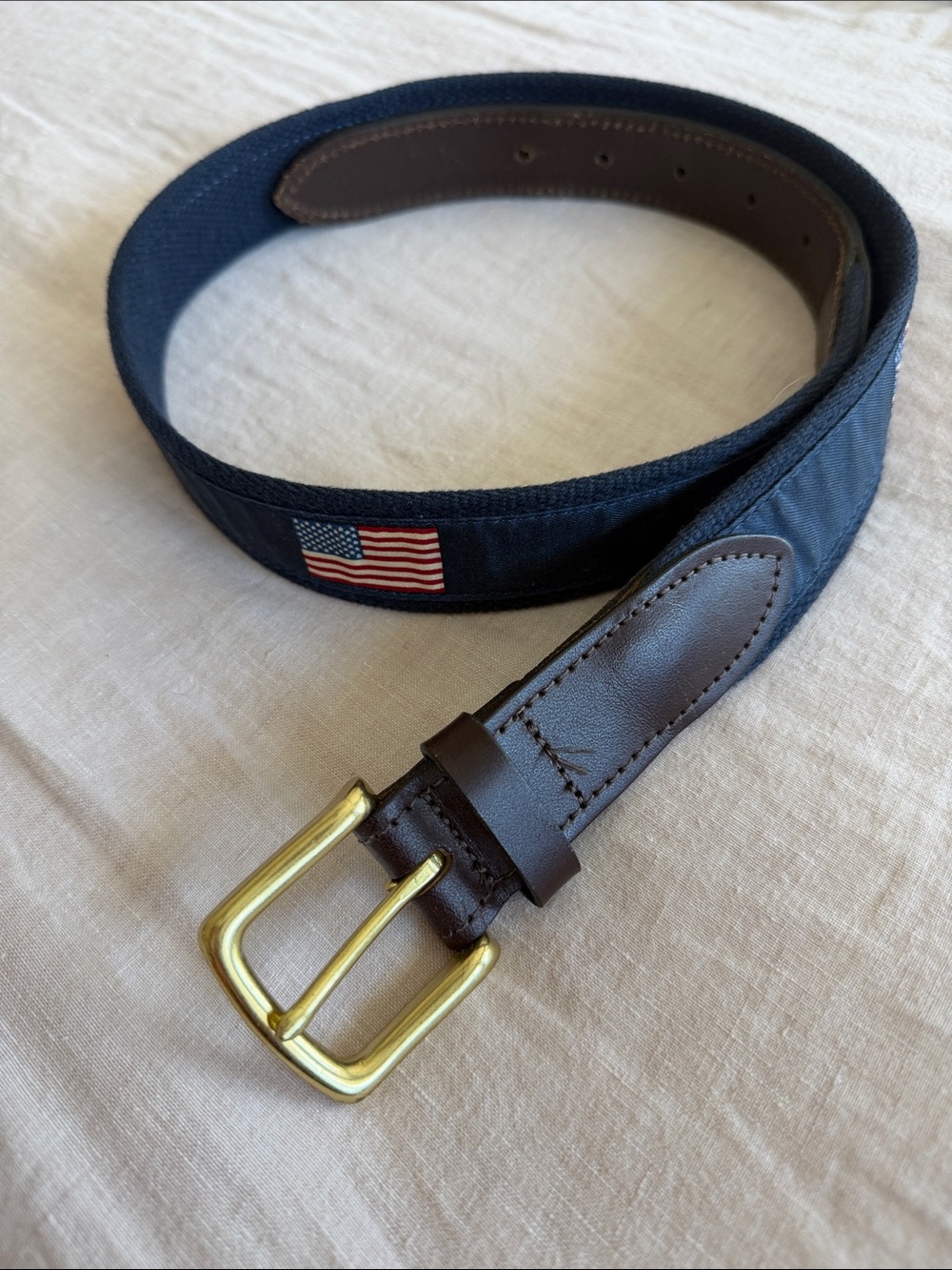 Vineyard Vines Navy Canvas Belt with Brown Leather and American Flag